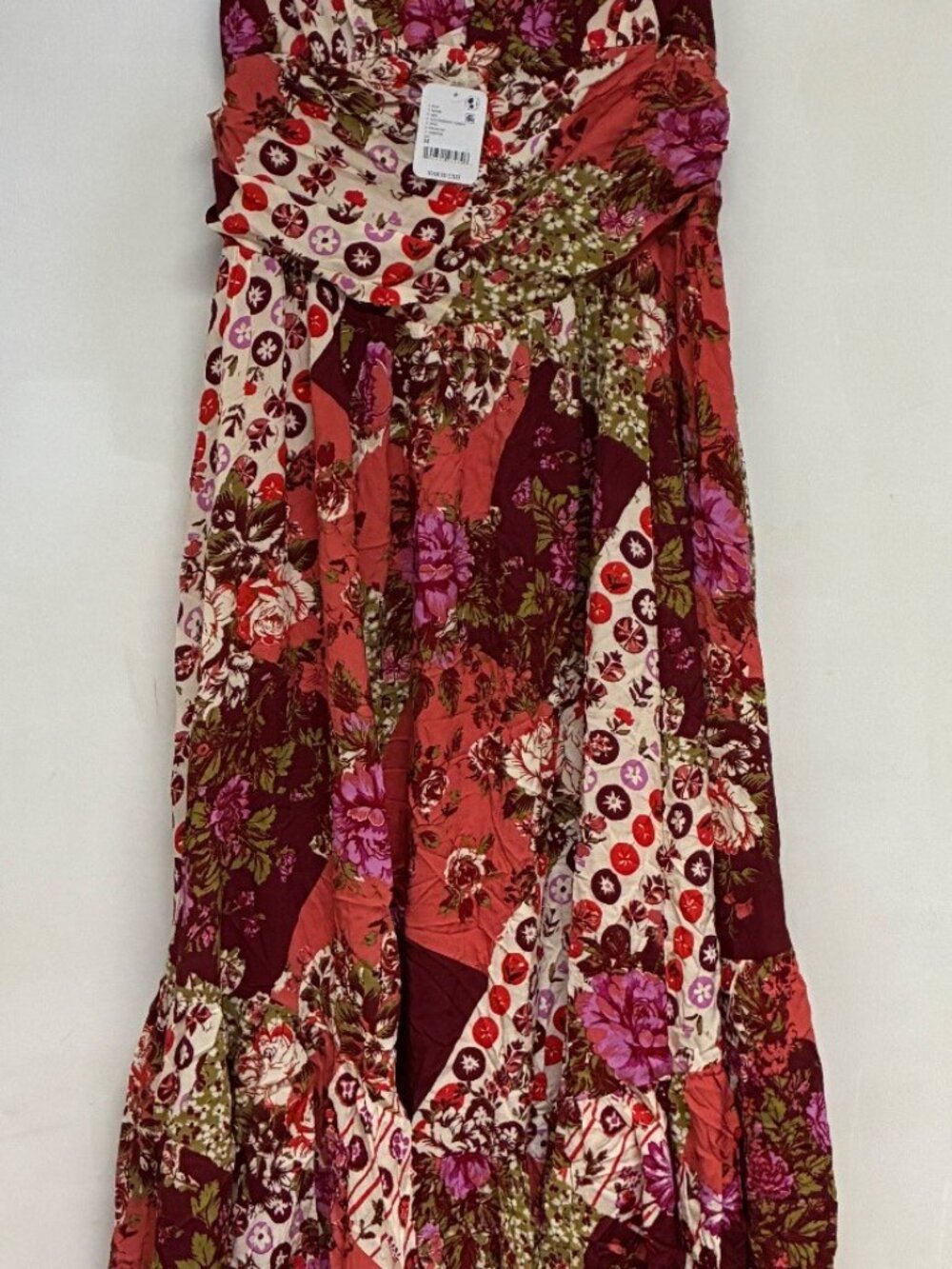 Free People M Floral Patchwork Maxi Dress Boho Smocked Ruched Cottagecore Y2K